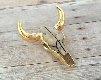 24K Gold Longhorn Skull Pendant Gold Dipped Cattle Bull Skull Pendant Tombstone Charm Longhorn Vintage Western Pendant With Loop Attachment