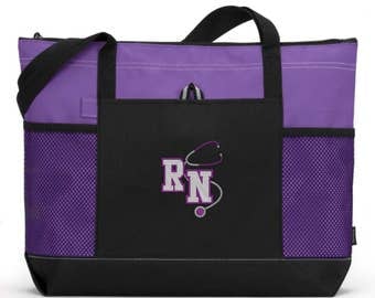 RN Nurse Tote Bag/ Nurse Bag/ Nurse Tote/ RN Embroidered with Stethoscope Purple Nurse Tote/ RN gift