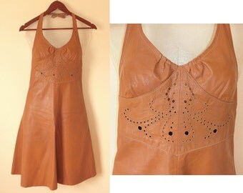 Vintage 1960's Genuine Leather Halter Dress- Caramel Brown Color - Hand Made In Europe- Women's US size XS-S