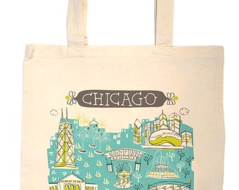Chicago Tote Bag-City Tote-City Bag-Any City Tote-Turquoise-Lime-Grey--Personalized-Custom