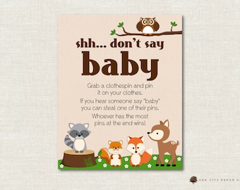 Woodland Animal Dont Say Baby Sign, Diaper Pin Game, Baby Shower Don't Say Baby, Baby Shower Diaper Pin Game, Dont Say Baby Game - Printable