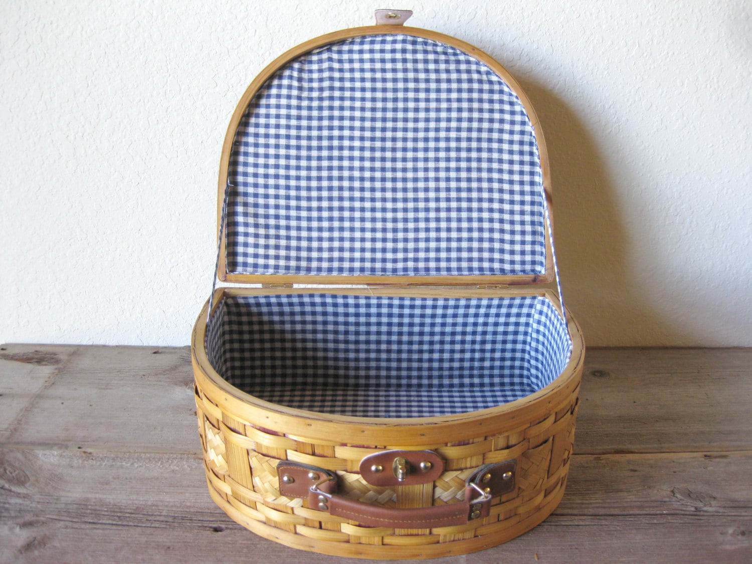 Vintage Half Moon Wicker Picnic Basket with Blue and White
