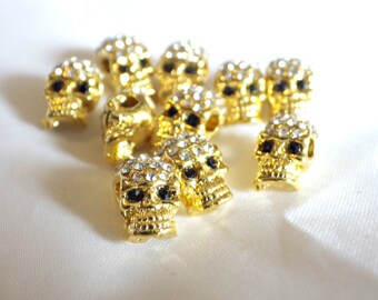 10 x Crystal Pave Zinc Alloy Skull Beads With Rhinestones Side Holes Gold Colour