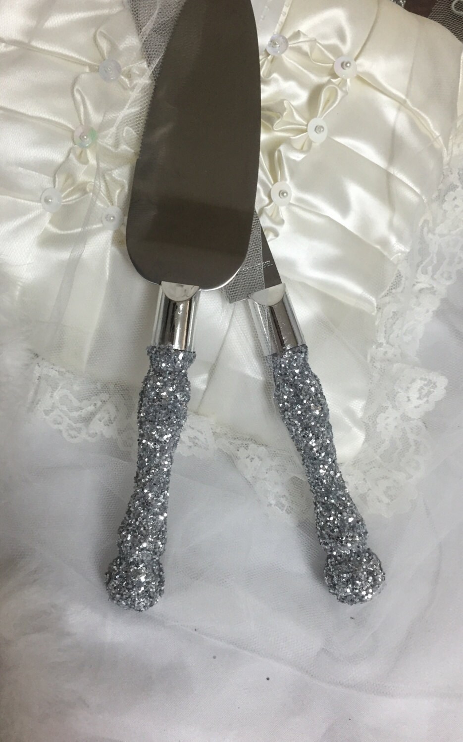 Silver cake cutting set silver glitter cake cutting set