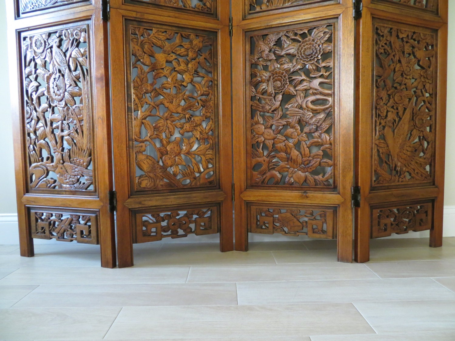 ON SALEVintage Oriental Hand Carved Wood Divider Four Panel