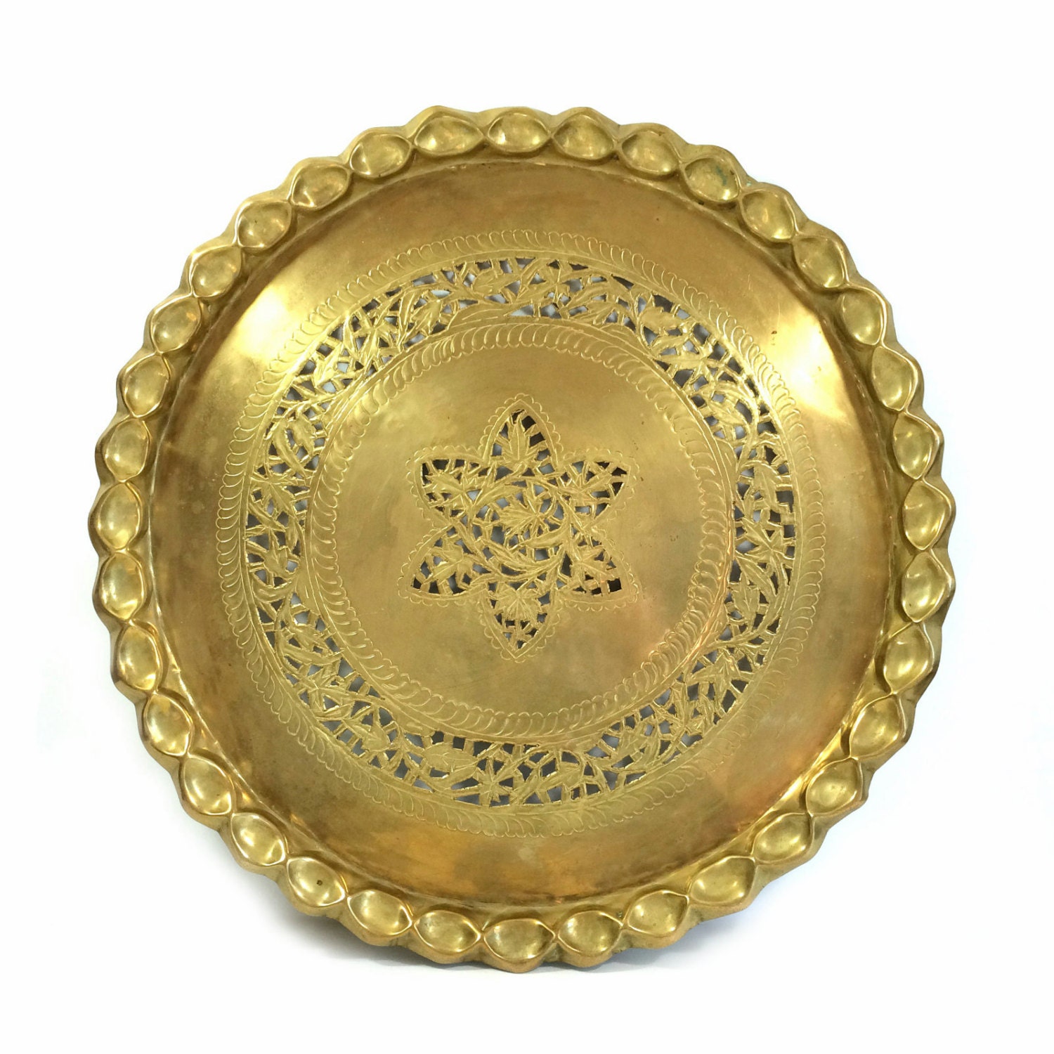 Large 22 Vintage Round Brass Tray with Pierced Star