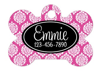 Custom Pet Tags - Custom Pet ID Tag - Custom Pet Name Tags - Black Pink Damask Pet Tags
