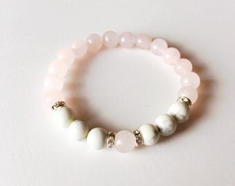 Healing Anger, Rose Quartz White Howlite Healing Jewelry Intention Bracelet Yoga Jewelry Mala Beads Healing Bracelet