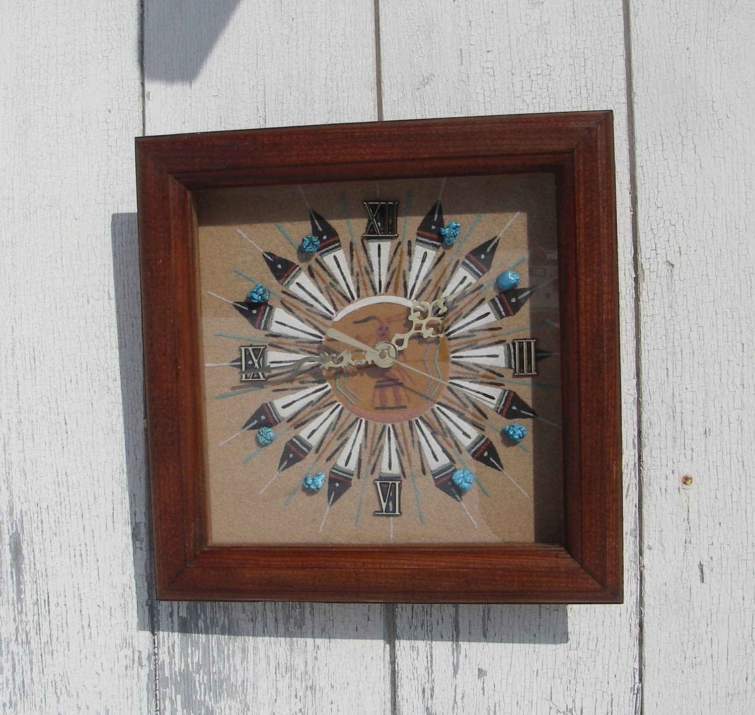 Vintage Kachina Sand Art Navajo Sun Shield Sand Art Clock With