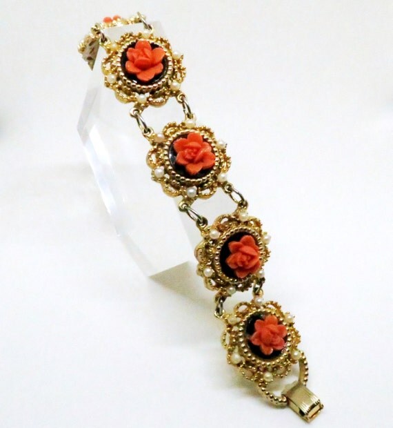 Orange Bracelet and Earrings Set Vintage Black Eanamel