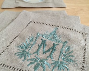 Monogrammed Linen Cocktail Napkins Set of 4- Fancy Pagoda with Single Initial Coasters, Monogrammed linens