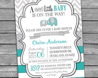 Elephant Baby Shower Invitation, Gender Neutral Baby Shower Invitation, Turquoise Gray Aqua Chevron