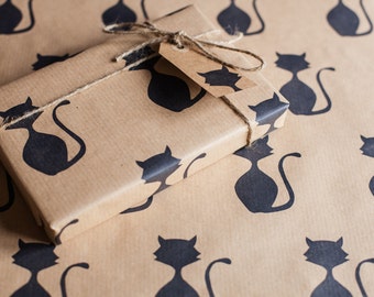 Handprinted Cat Kraft Wrapping Paper Including 1 x Gift wrap, 2 x Gift Tags & Twine.