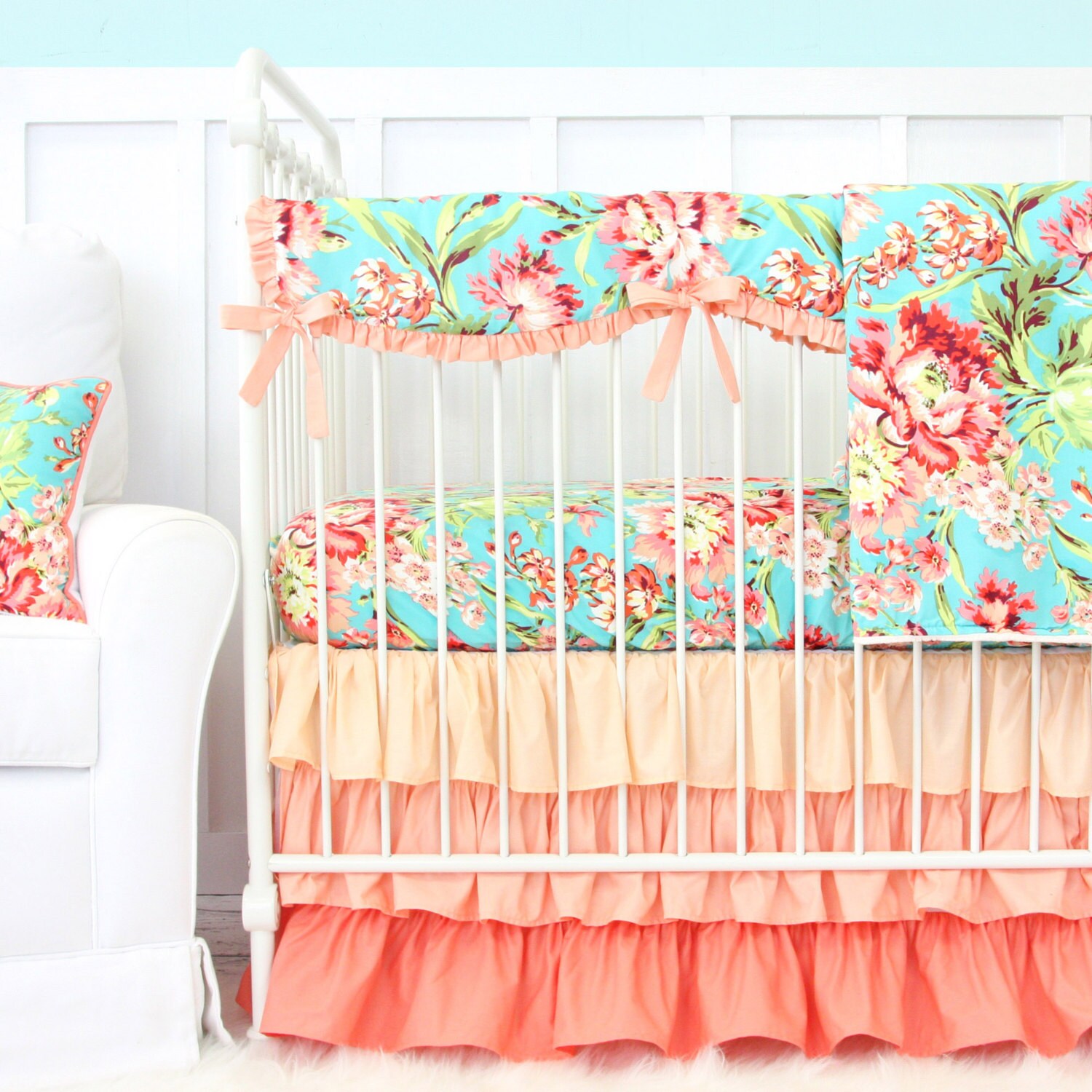 Coral Camila Ruffle Bumperless Crib Bedding Set Bright