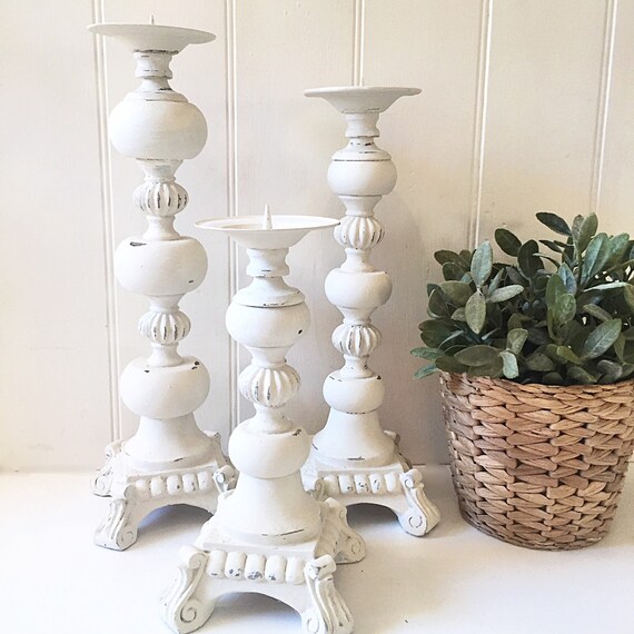 Ivory Distressed Candle Holders Shabby Cottage Chic Table