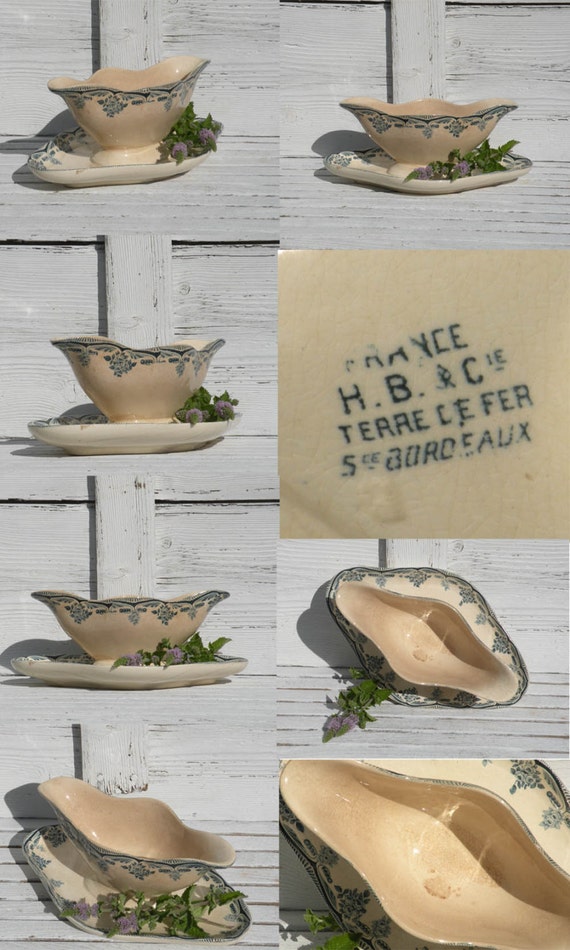 French antique ironstone sauce boat vintage gravy boat teal