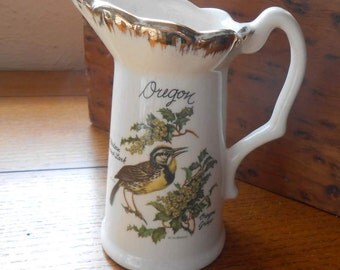 Oregon Souvenir Pitcher With Oregon Grape and Meadowlark Made in USA
