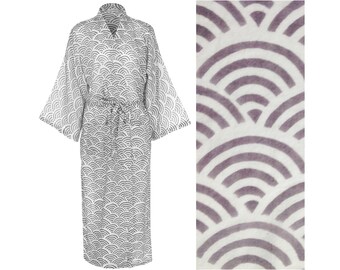 Women's Light Cotton Kimono Robe - Hand Printed Fabric Cotton Dressing Gown for Women - Gray Fabric Gown - Grey Robe - Light Cotton Bathrobe
