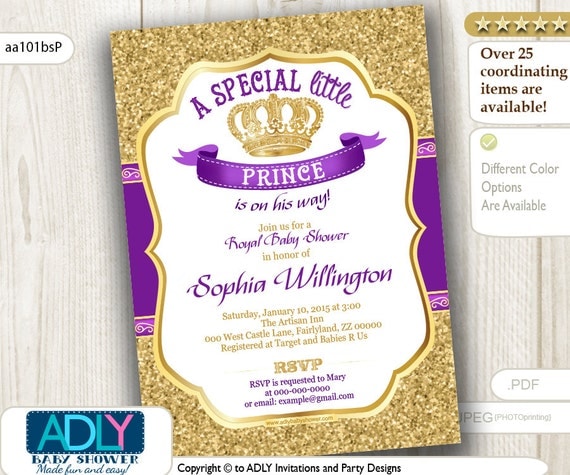 Purple Gold Prince or King Baby Shower invitation royal
