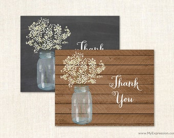 Baby's Breath Mason Jar Thank You Cards - Rustic Country Bridal Shower Thank You Cards - Set of 24 with envelopes