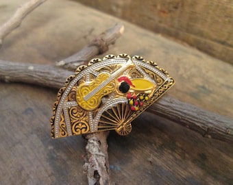 vintage gold tone damascene multi-colored fan brooch