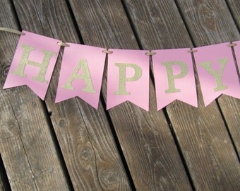 Happy birthday banner, pink and gold birthday, girl's first birthday