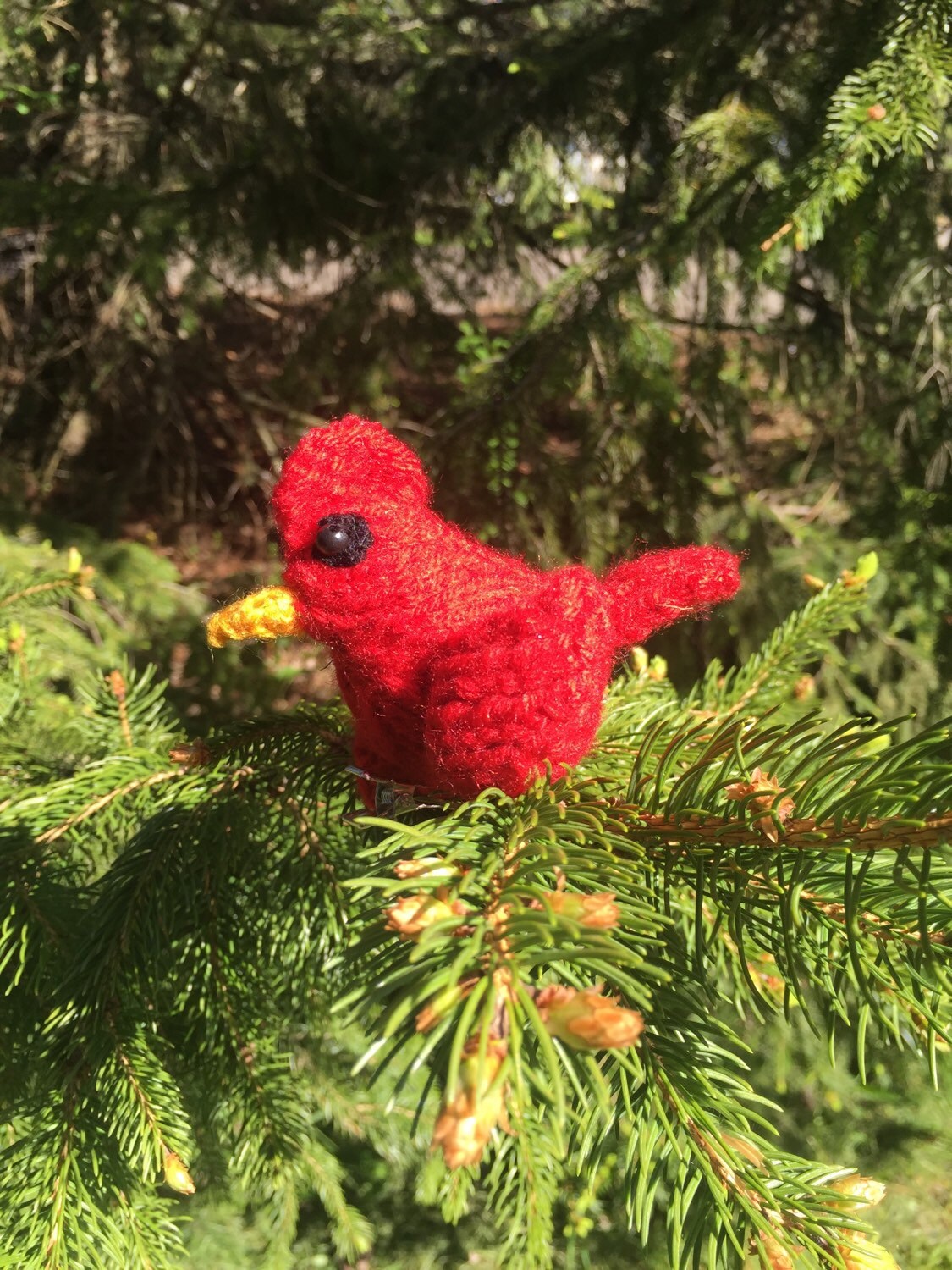 Knitted cardinal clip on ornament by WoodmansToyFarm on Etsy