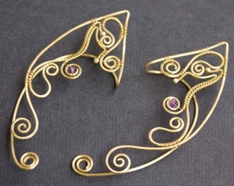 Elven ear cuffs, Amethyst cuffs, Wire wrapped ear cuffs, Elf ear cuffs, Wire ear cuffs, Fantasy jewelry