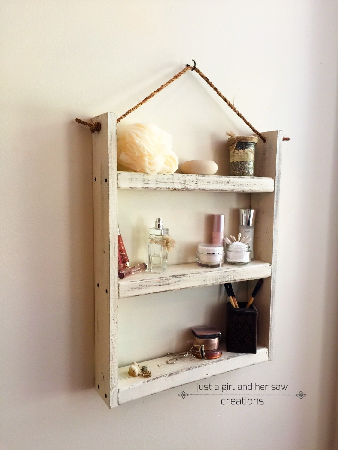 Rope hanging wood shelf bathroom shelf by NorthernOaksDecorCo