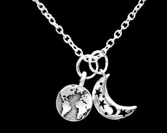Earth Moon Necklace, World Planet Geography Globe Atlas Travel Crescent Moon Astronomy Necklace