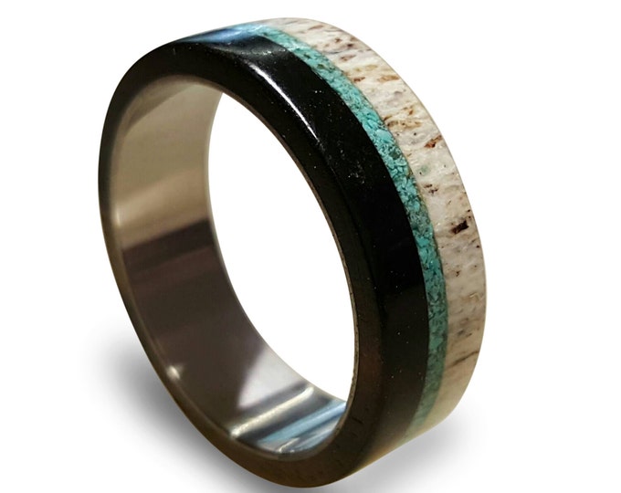 Deer Antler and Ebony Wood Ring, Titanium Ring with Turquoise Inlay