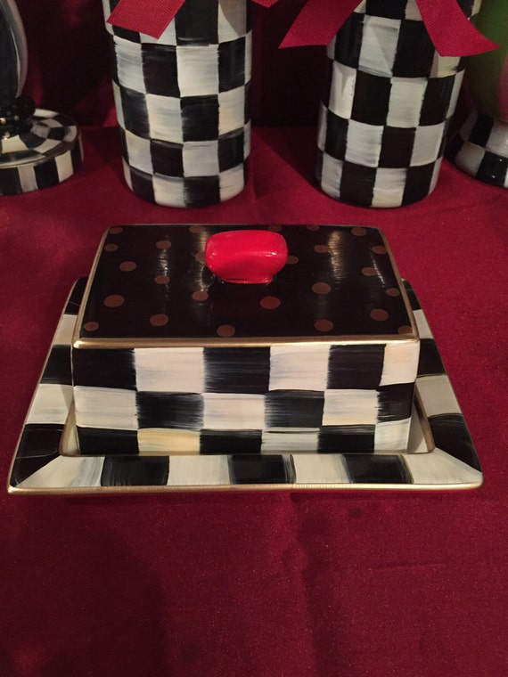 Black and White checkered ceramic butter dish