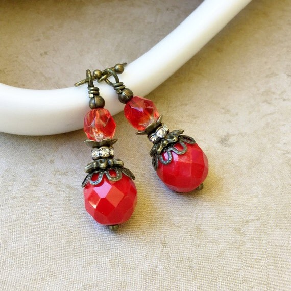 Red Earrings Victorian Earrings Crystal Earrings by SmockandStone