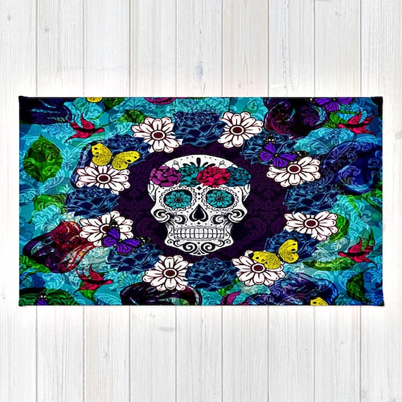 Sugar Skull Throw Rug or Area Rug Color Crazy by FolkandFunky