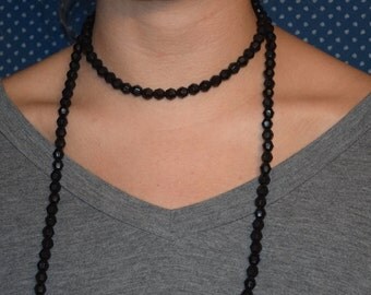 Double Wrap Long Black Beaded Necklace// Lightweight Beads