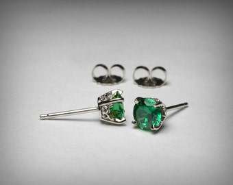 Simulated Emerald Earrings, 14K White Gold, Green CZ Earrings, Green Imitation Emerald Earring Studs, May Birthstone, Stud 14K Post Earrings