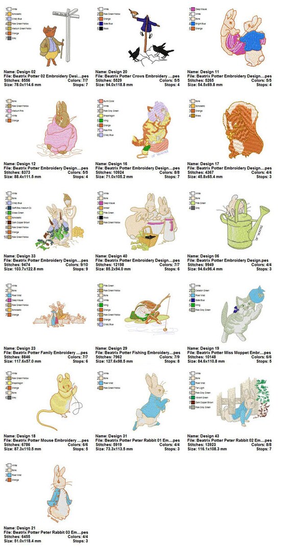 16 Beatrix Potter Embroidery Designs by EmbroideryWorldStore
