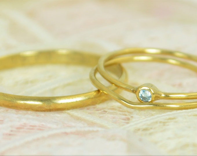 Tiny Aquamarine Ring Set, Solid 14k Gold Wedding Set, Aquamarine Stacking Ring, Solid Gold Aquamarine Ring, March Birthstone, Bridal Set