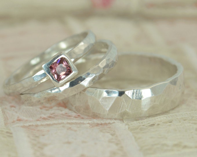 Square Alexandrite Engagement Ring, 14k White Gold, Alexandrite Wedding Ring Set, Rustic Wedding Ring Set, June Birthstone, Alexandrite