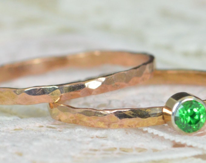 Emerald Engagement Ring, 14k Rose Gold, Emerald Wedding Ring Set, Rustic Wedding Ring Set, May Birthstone, Solid 14k Emerald Ring