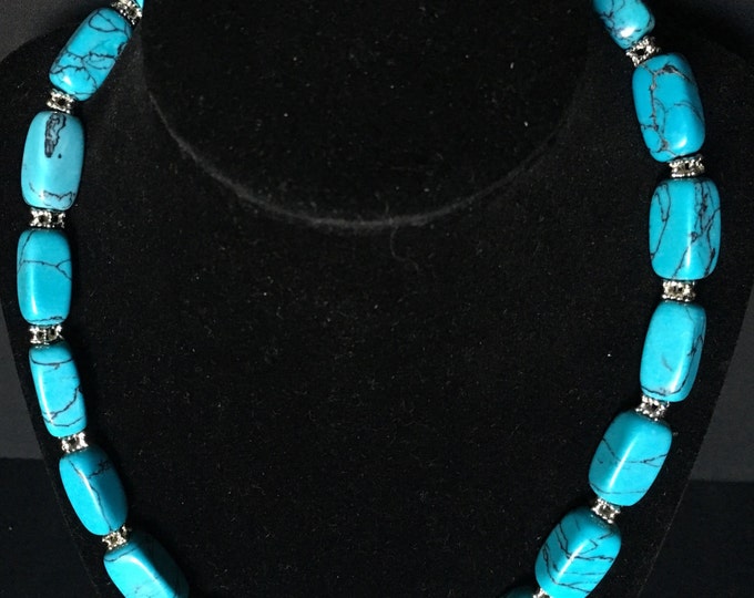 Storewide 25% Off SALE Vintage Black Webbed Godber Turquoise Gemstone Necklace Featuring Silver Spacer Beads With 17 Richly Appointed Oblong