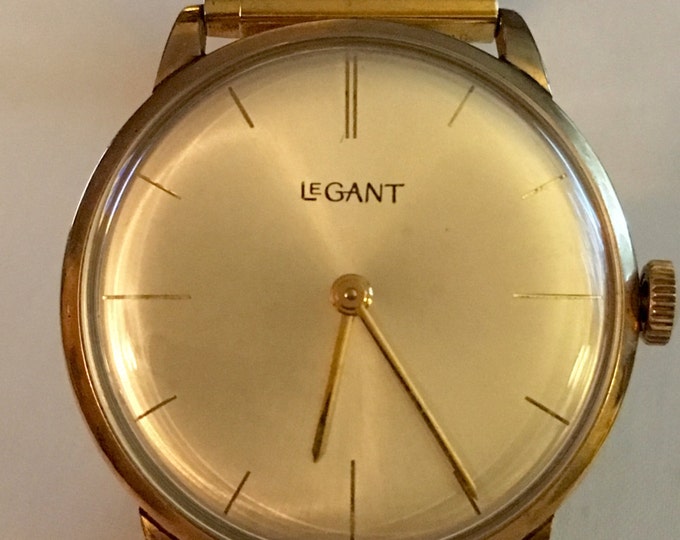 Storewide 25% Off SALE Gentleman's Vintage 10k Gold LeGrant Mechanical White Bezel Wristwatch Featuring Adjustable Flex Band