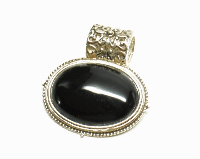 Storewide 25% Off SALE Vintage Silver Trimmed Black Cabochon Necklace Pendant Featuring Victorian Style Scrolled Designs