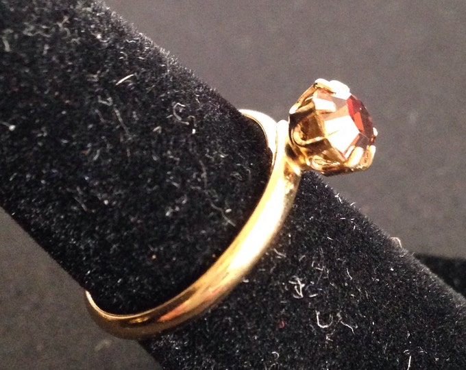 Storewide 25% Off SALE Vintage Adjustable Gold Tone Amber Rhinestone Designer Solitare Ring Featuring Elegant Petite Marquee Cut Design