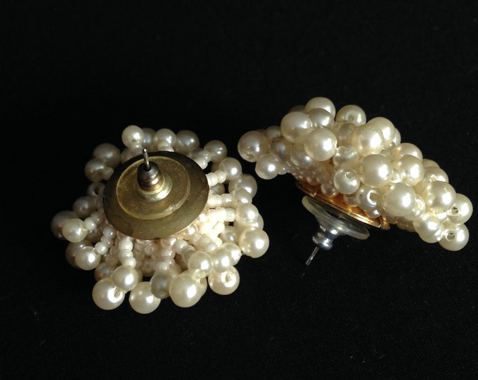 Storewide 25% Off SALE Vintage Creamy Pearl Beaded Floral Rosette Style Designer Pierced Earrings Featuring Elegant Cluster Design