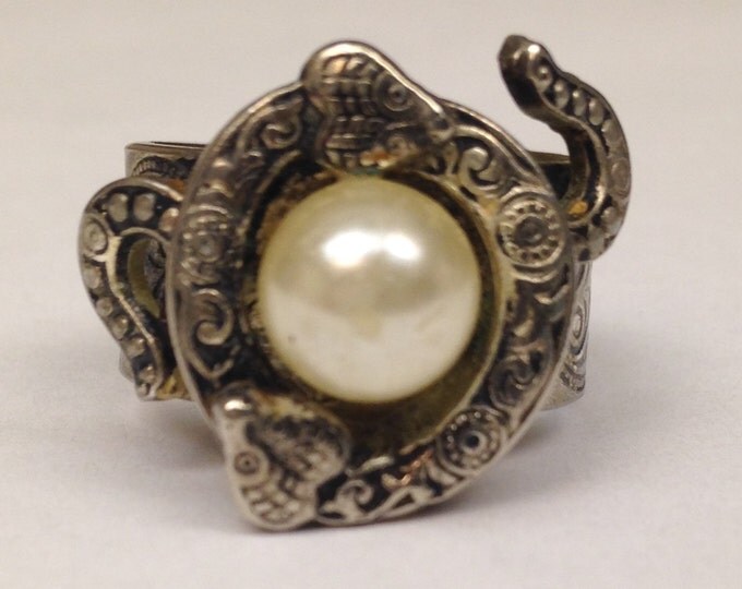 Storewide 25% Off SALE Vintage Silver Tone Dueling Snake Faux Pearl Spanish Designer Cocktail Ring Featuring Highly Detailed Eclectic Design
