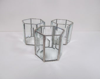 Set of Three Beveled Glass Candle Holders