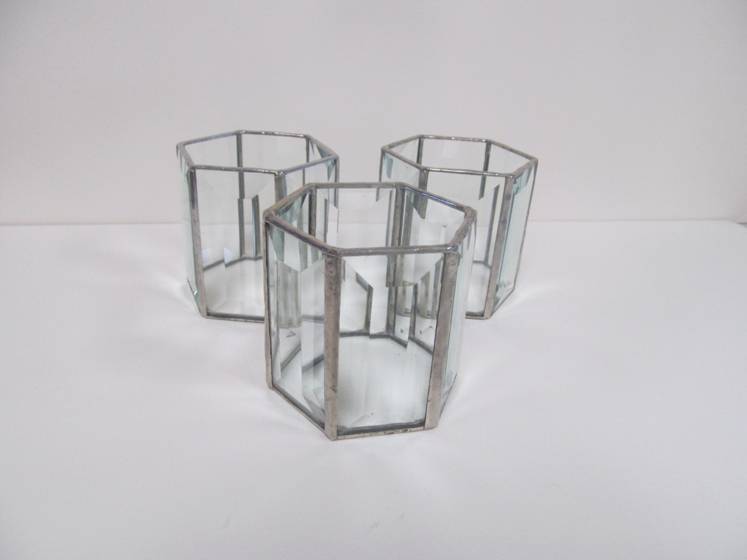 Set of Three Beveled Glass Candle Holders