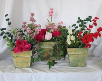 terra cotta containers, set of three, home decor, terra cotta with a patina look, water proof inside the planters