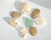 Mix White Coral Teal Sea Glass Seaglass Druzy Calcite Fossil Sea Shell Seashell Sandy Beach Stones drilled crafts jewelry DIY